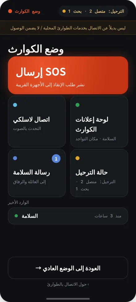شاشة البداية في وضع الكارثة. قائمة مع إرسال نداء الطوارئ ولوحة الكارثة وحالة النقل