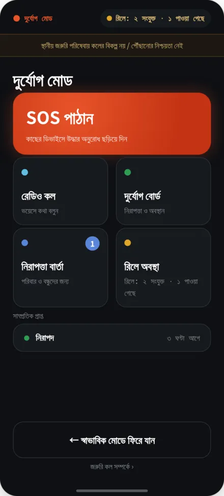 দুর্যোগ মোডে হোম স্ক্রিন। SOS পাঠান, দুর্যোগ বোর্ড, রিলে অবস্থা সহ মেনু