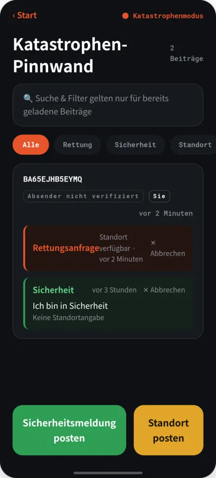 Notfall-Pinnwand. Liste der Hilfsanfragen und Sicherheitsinformationen