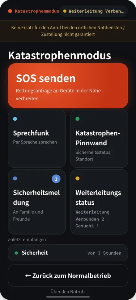 Notfall-Modus Startbildschirm. Menü für SOS, Pinnwand und Relay-Status