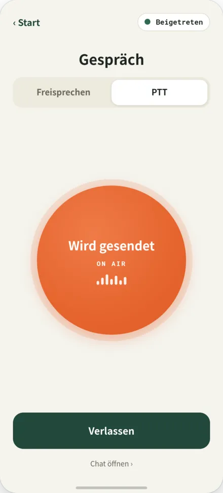 Anrufbildschirm. PTT-Taste drücken zum Sprechen