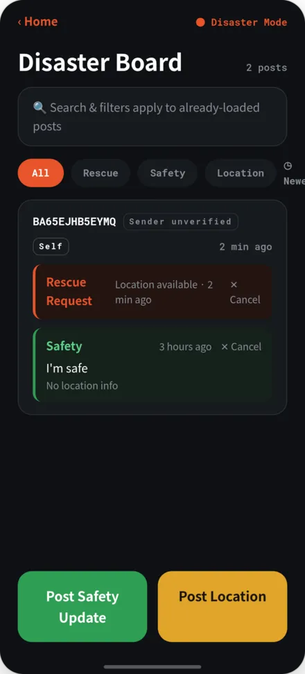 Disaster bulletin board showing safety and rescue posts
