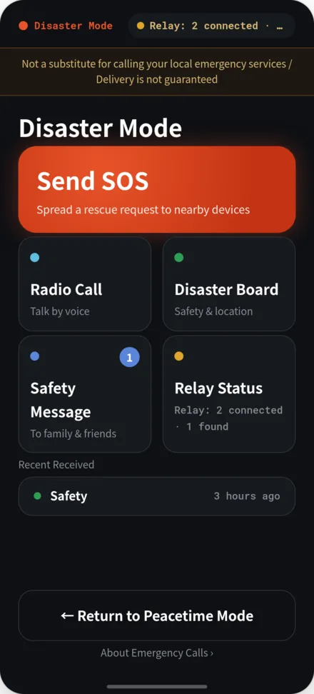 Disaster mode home screen with SOS send, bulletin board, and relay status options