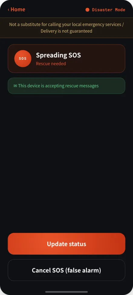 SOS broadcast screen with help needed status and liability notice