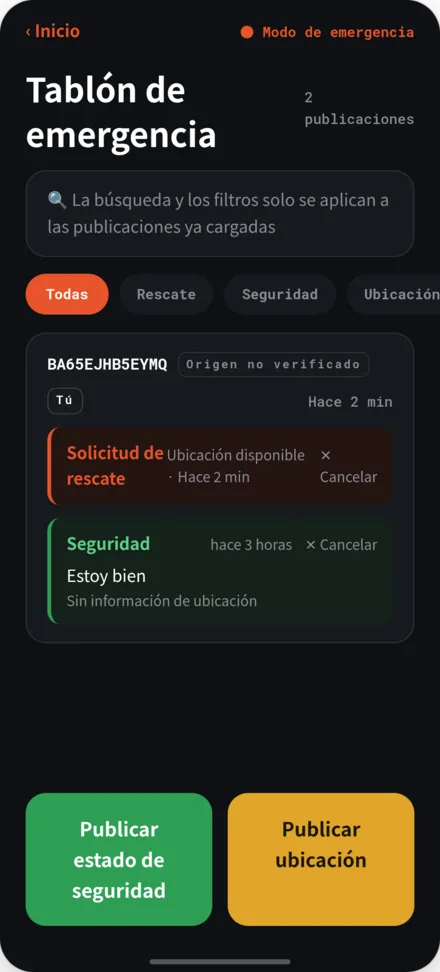 Panel de desastres mostrando publicaciones de seguridad y rescate