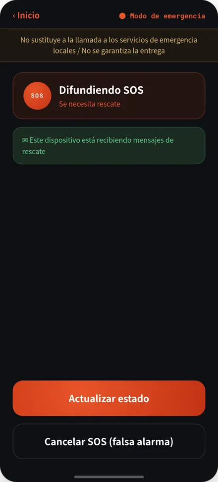Pantalla de difusión de SOS con estado de ayuda requerida y aviso legal