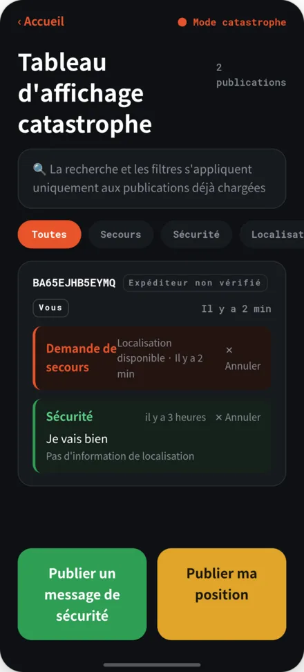 Écran du tableau de sécurité en catastrophe. Liste de messages de sécurité et de demandes de secours