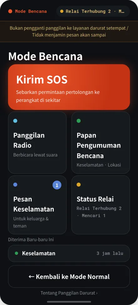 Layar utama mode darurat. Menu SOS, papan informasi, dan status relay