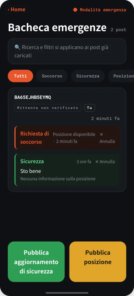 Schermata bacheca disastri. Elenco di post sulla sicurezza e richieste di aiuto