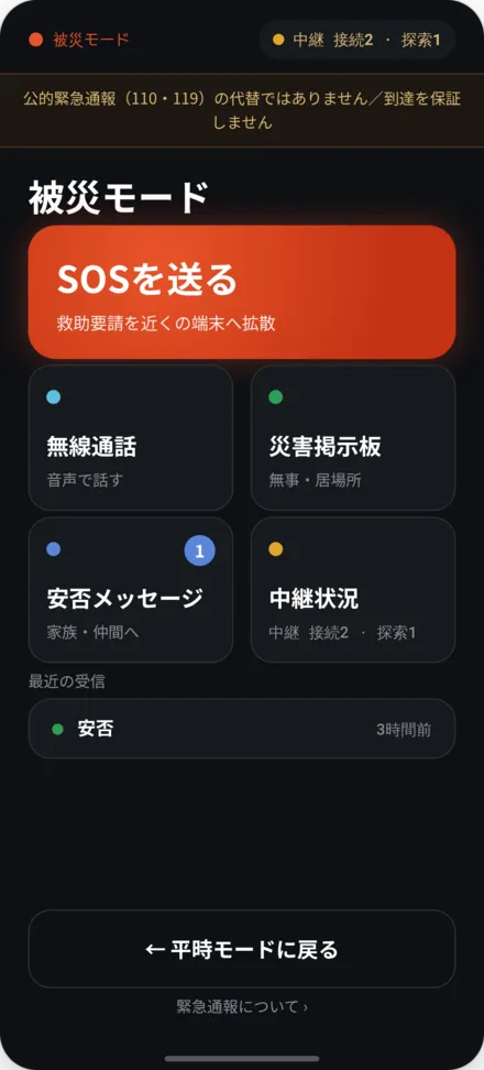 被災モードのホーム画面。SOS送信・災害掲示板・中継状況などのメニュー