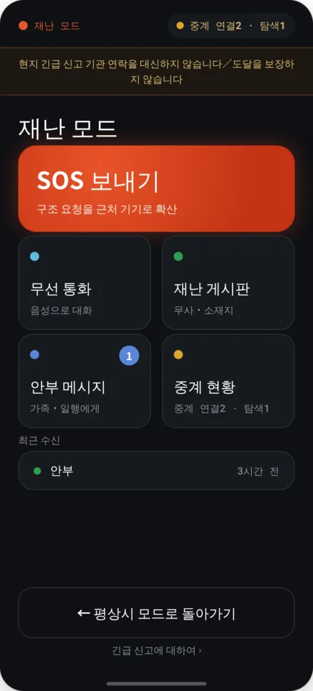 재난 모드 홈 화면. SOS 전송·재난 게시판·중계 상황 등 메뉴