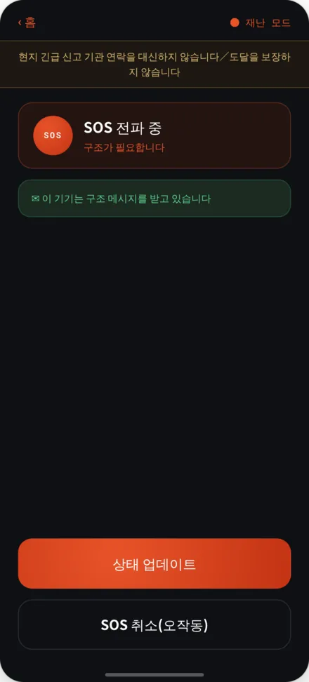SOS 확산 중 화면. 구조 필요 상태와 면책 배너