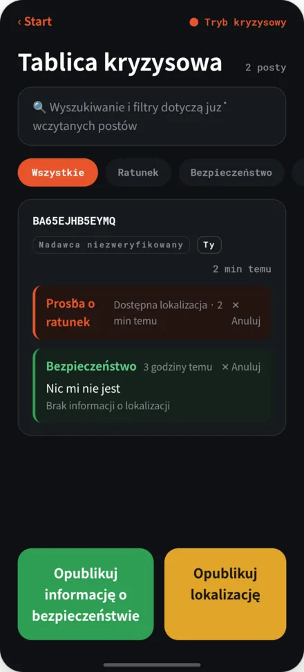 Tablica ogłoszeń w katastrofie. Lista postów dotyczących bezpieczeństwa i próśb o pomoc