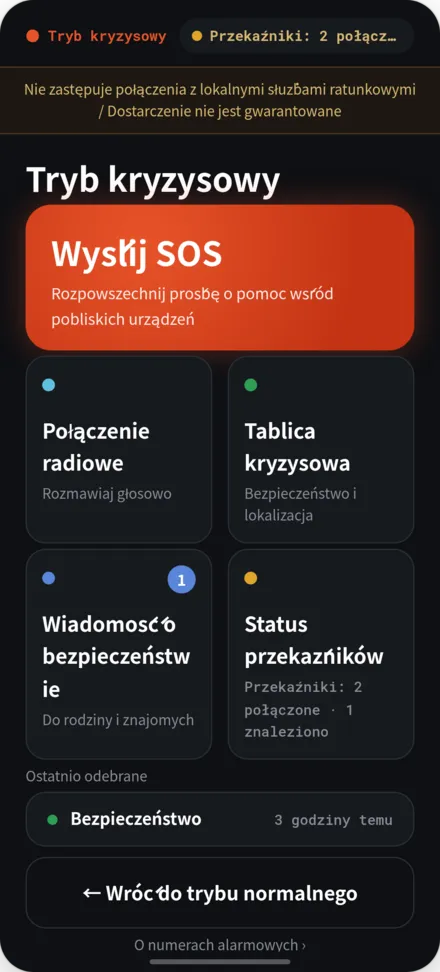 Ekran główny w trybie katastrofy. Menu SOS, tablica ogłoszeń, status retransmisji