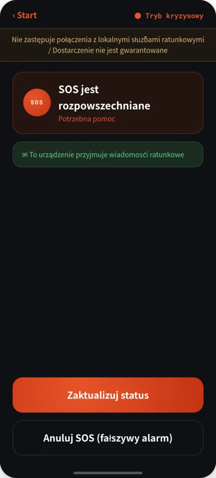 Ekran wysyłania SOS. Status: potrzebna pomoc, z bannerem zrzeczenia się odpowiedzialności
