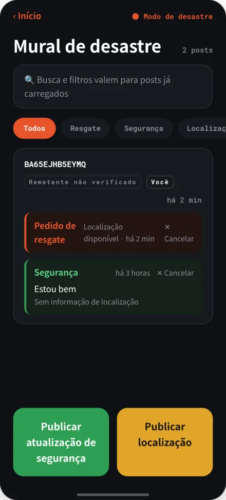 Tela do quadro de segurança em desastre. Lista de mensagens de segurança e pedidos de ajuda