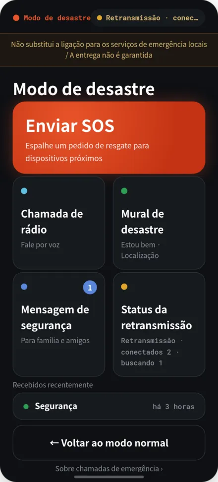 Tela inicial em modo desastre. Menu com envio de SOS, quadro de desastre, status de retransmissão