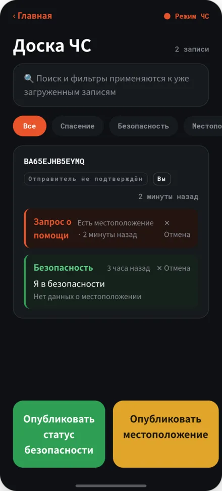 Экран доски безопасности при катастрофе. Список сообщений о безопасности и просьб о помощи