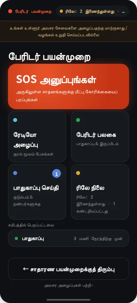 பேரிடர் முறையிலான முதல் திரை. SOS அனுப்புதல், பேரிடர் பலகம், பரிமாற்ற நிலை போன்ற பட்டியல்