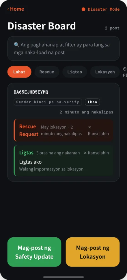Disaster bulletin board screen