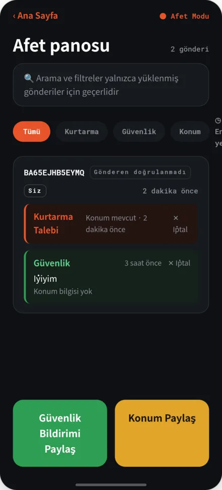 Afet panosu ekranı. Can sağlığı ve yardım talebinin gönderi listesi