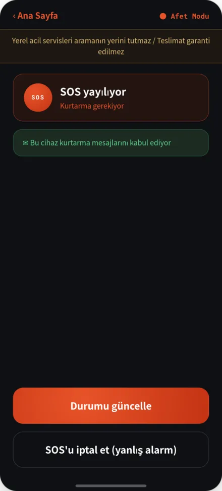 SOS yayılım halindeki ekran. Yardım gereksinimi durumu ve sorumluluk açıklaması