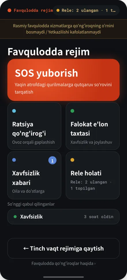 Falokatda bosh sahifa. SOS yuborish, disaster dosttaxtasi, relay holatini ko'rish menyusi