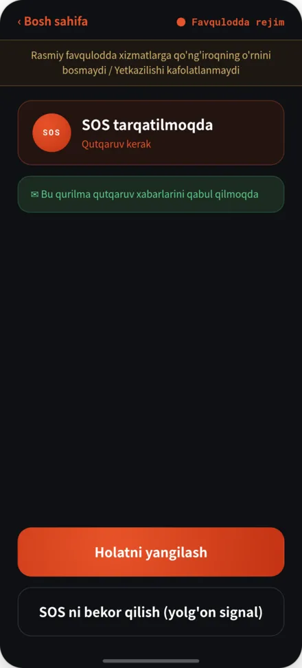 SOS tarqalishi vaqtida sahifa. Yordamga ehtiyoj va mas'uliyet e'loni