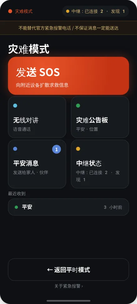 灾难模式主屏幕，包含SOS发送、公告板和中继状态选项